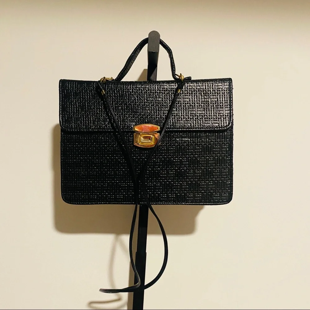 Vintage Black Woven Texture Briefcase W Gold Brass Closure